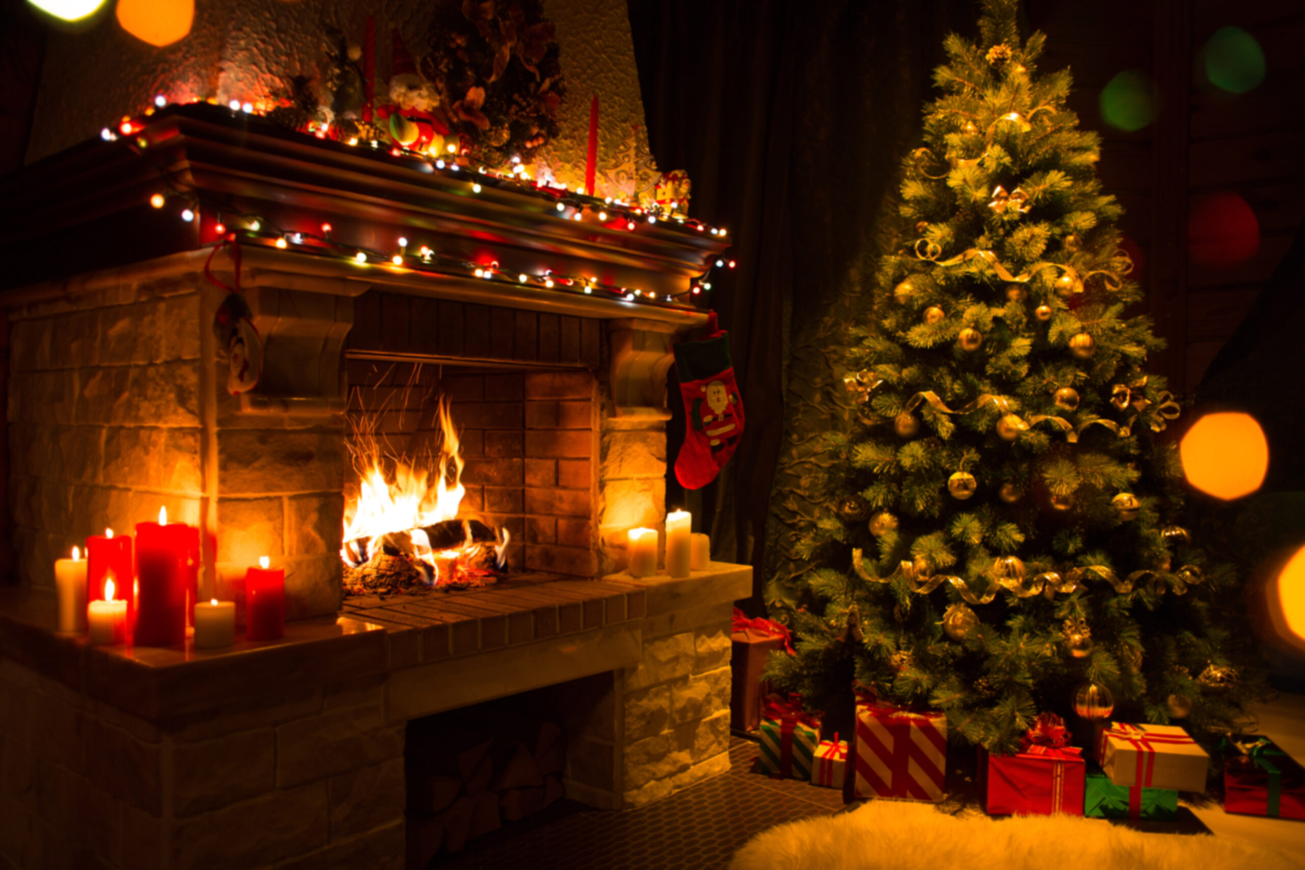 christmas interior with tree, presents and fireplace